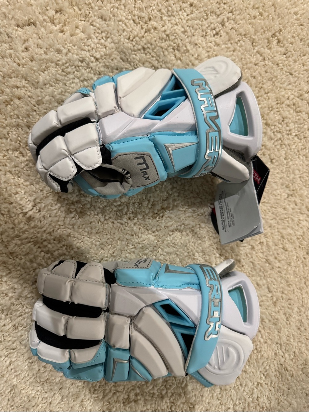 Maverik Mx Lacrosse Gloves in White & Light Blue